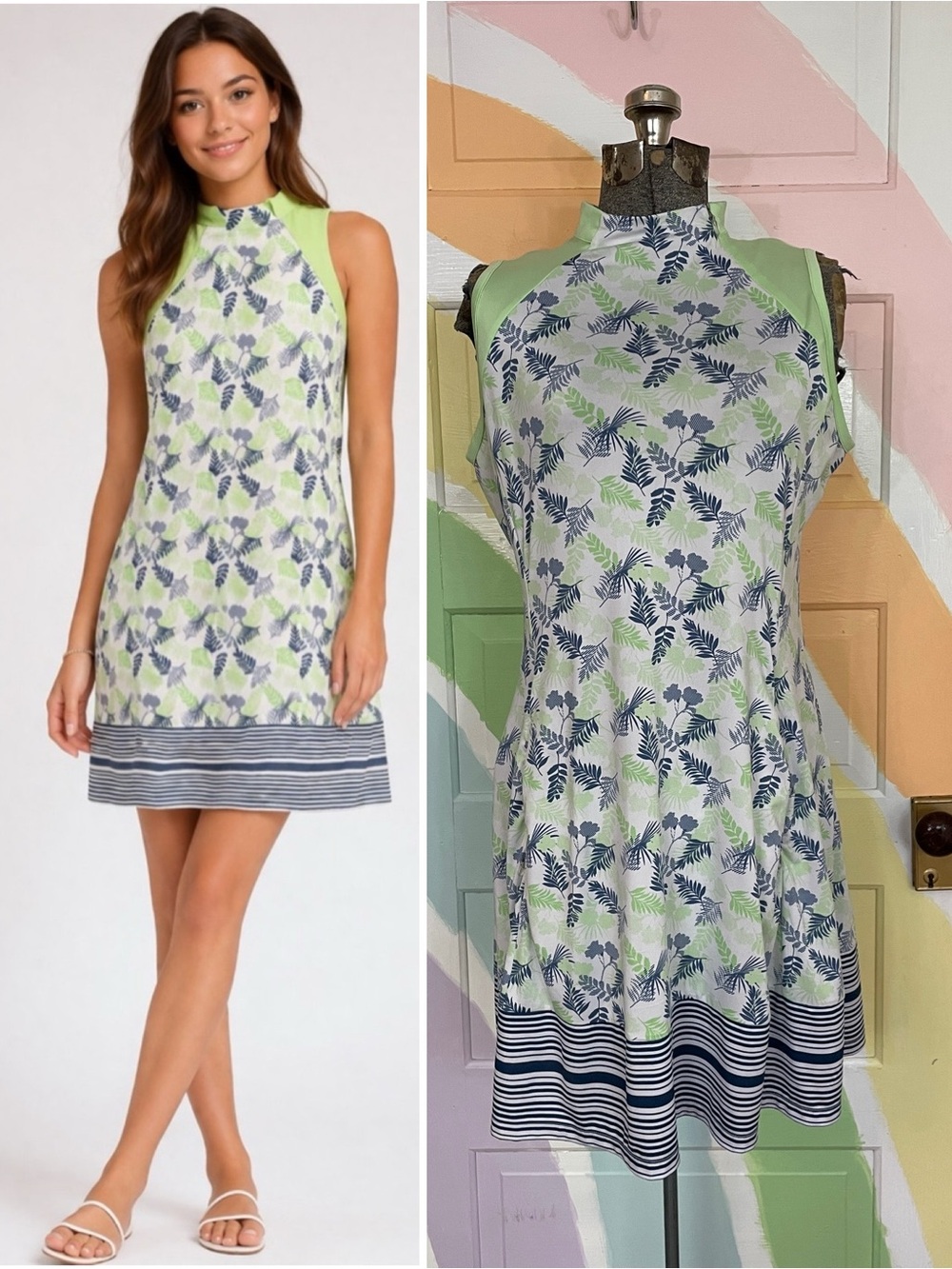 Tee Time Green Floral Activewear Dress Zip Pockets & Neck Golf Tennis Sz L 💚🎀